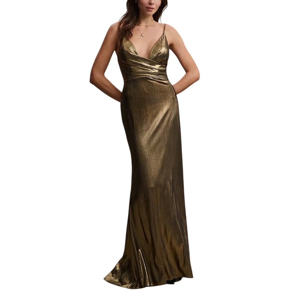 Mac Duggal 26408 Bronzed Gold Evening Gown Backless V-Neck Column Dress Size 6